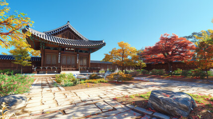 Wall Mural - Tranquil Korean garden in front of a traditional wooden building, sunny day with clear sky