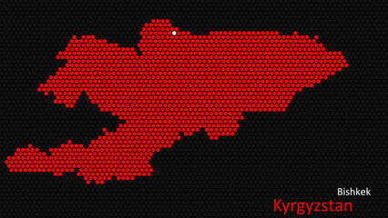 a map of kyrgyzstan, with a dark background and the country's outline in the shape of a colored hexa