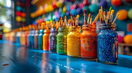 Wall Mural - A creative arts and crafts station equipped with colorful supplies, from paints and brushes to paper and glitter, for endless artistic expression