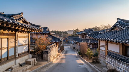 Wall Mural - Warm daylight scene of a historic Korean village street, traditional hanok buildings, clear blue sky