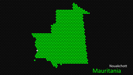 a map of mauritania, with a dark background and the country's outline in the shape of a colored hexa