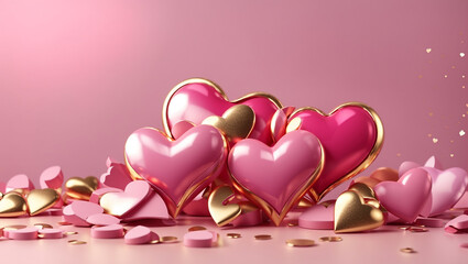  pink and gold heart-shaped balloons on a pink background.