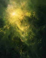 Wall Mural - Artistic depiction of a newborn star in a nebula, radiating golden light within swirls of green and yellow gas.