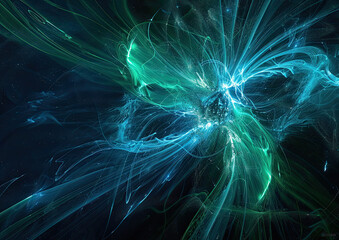 Wall Mural - Abstract depiction of a star's magnetic field lines in electric blue and green, illuminating cosmic debris in a vivid, dynamic celestial scene.