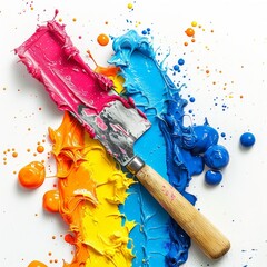 Poster - paintbrush with bright colors of blue, pink and yellow on white background