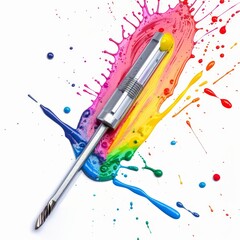 Poster - A stainless steel chisel with paint splashes in rainbow colors on a white background