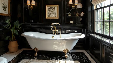 Wall Mural - A luxurious bathroom with black marble walls, white freestanding bathtub, and gold fixtures, offering a serene sanctuary for relaxation and pampering