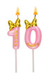 Pink birthday candles with bow isolated on white background. Number 10.