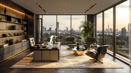 Wall Mural - A luxurious executive suite with floor-to-ceiling glass windows, black and white furnishings, and gold accents, offering a serene and inspiring workspace for the corporate leader