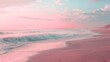 A serene beach setting with soft pink skies and a lone figure strolling along the shore
