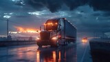 Fototapeta  - Big rig stylish industrial dark gray semi truck with turned on headlights transporting cargo in dry van semi trailer running on the twilight wet road with light reflection surface in rain weather