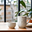 terrazzo textured ceramic mug on bench with crockery created with generative-ai 