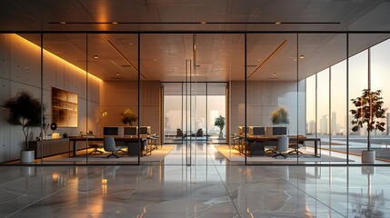 Wall Mural - A panoramic view of a minimalist glass-walled office space, featuring sleek black desks, white chairs, and touches of gold in the decor