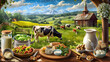 Fresh Milk and Cheese Displayed on a rustic table with cows grazing in a pasture. Farm Fresh Concept.