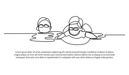 Wall Mural - Continuous line design of boys swimming together. Single line decorative elements drawn on a white background.