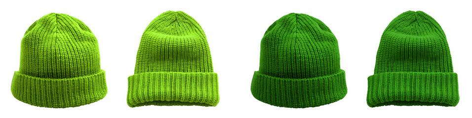 Sticker - 2 Set of dark light green lime classic knit knitted woven cuffed wool ribbed beanie hat, front and flat lay view on transparent cutout PNG file. Mockup template for artwork design