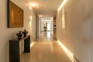 Wall Mural - A minimalist hallway with sleek flooring, minimalist artwork, and strategically placed lighting, guiding the eye through, Generative AI