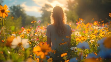 Woman in a beautiful flower field