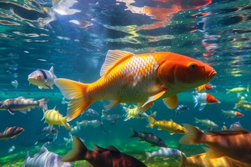 Canvas Print - Colorful tropical fish swim in a blue aquarium