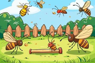 Cartoon cute doodles of a cricket match played by insects in a meadow, with grasshoppers batting and beetles fielding, Generative AI