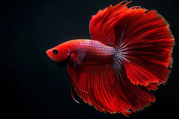 Wall Mural - Isolated Siamese fighting fish with vibrant orange fins swims gracefully in a black aquarium