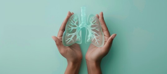 female hands holding a transparent model of human lungs on a teal background, World Cancer Day