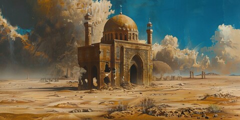 Wall Mural - a high fantasy mysterious small abandoned mosque in a barren desert, stuning art