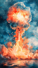 Sticker - Dramatic Watercolor Depiction of Nuclear Explosion Amidst International Efforts to Mitigate Risks