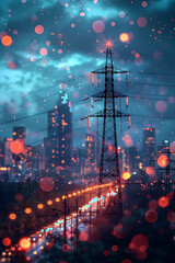 Wall Mural - Efficient Energy Distribution Powering Dynamic Urban Skyline at Night with Futuristic Smart Grid Infrastructure