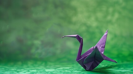 Wall Mural - Purple paper crane on a green background