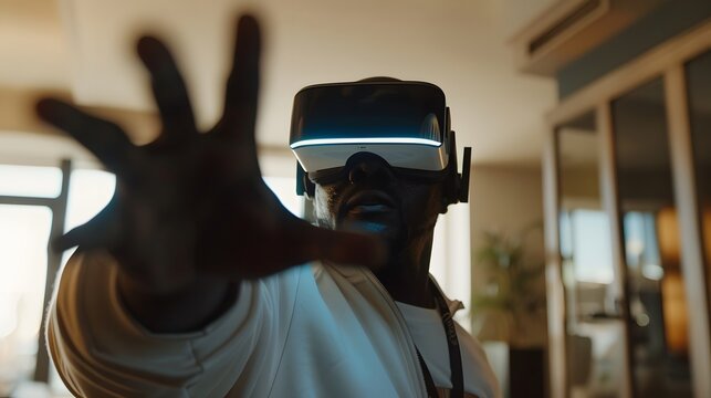 African boy feels happy playing with VR glasses
