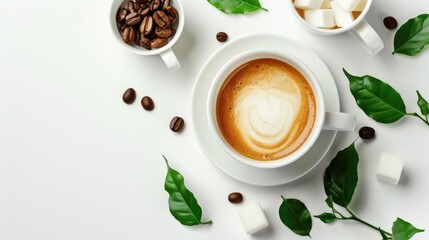 Wall Mural - A cup of coffee with creamer and sugar on a white background perfect for copy space 