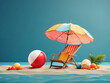 Summer photography design. Summer elements of the umbrella, beach chair, and floater beach ball in the minimalist color background for studio decoration. Vector illustration
