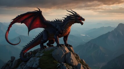 Wall Mural - A fierce dragon, with scales as black as night and fiery red eyes, perched atop a mountain peak, surveying its kingdom below.