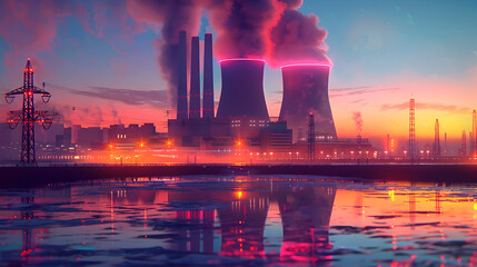 Wall Mural - Futuristic Nuclear Power Plant with Sleek Modern Architecture and Vibrant Cyberpunk-Inspired Visuals