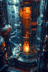 Poster - Futuristic Uranium Enrichment Facility with Complex Machinery and Glowing Reactor Core