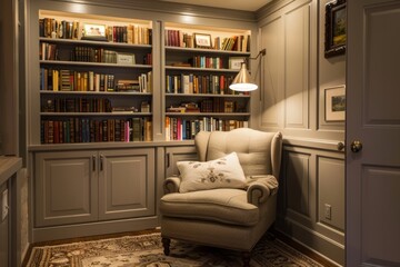 Wall Mural - A cozy reading corner with built-in bookshelves, plush armchair, and soft lighting, inviting readers to immerse themselves, Generative AI