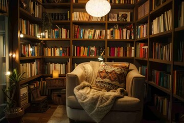 Poster - A cozy reading corner with built-in bookshelves, plush armchair, and soft lighting, inviting readers to immerse themselves, Generative AI