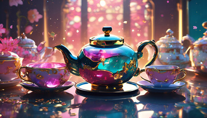 A whimsical tea party with colorful teapots and cups Digital concept illustration painting
