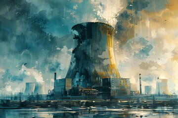 Wall Mural - Hyper-Detailed Watercolor of Nuclear Power Plant Driving Fission Energy