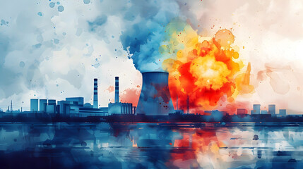 Poster - Industrial Nuclear Power Plant Explosion in Watercolor Landscape