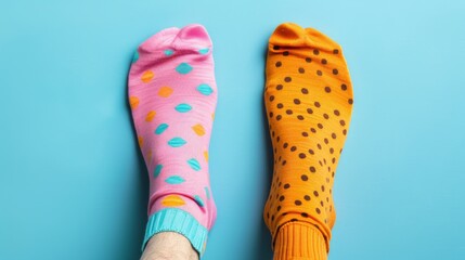 Kid legs with different pair of socks. Child foots in mismatched socks. Odd Socks day, Anti-Bullying Week, Down syndrome awareness concept