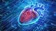 A blue circuit board background with a 3D human heart in the foreground.