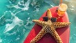 A starfish is wearing sunglasses and lying on a surfboard in the water with glass of orange juice