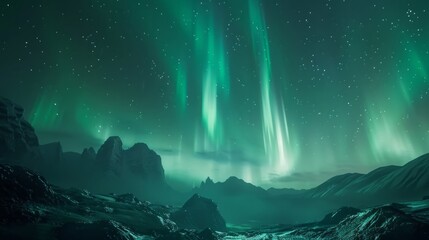 A beautiful green sky with auroras and stars