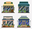 Set of retro flowers store facade detailed with modern small buildings