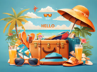 Leinwandbilder - Summer season vector concept. Hello, summer greeting text with summer vacation travel elements of luggage, hat, mobile phone, beach bag, sunglasses, slippers, and sunscreen in beach background design.