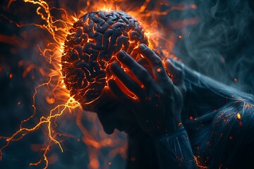 a man in extreme mental anguish or having a headache, with hands clasped over his head