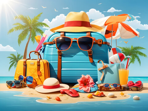 Summer season vector concept. Hello, summer greeting text with summer vacation travel elements of luggage, hat, mobile phone, beach bag, sunglasses, slippers, and sunscreen in beach background design.
