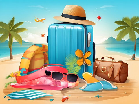 Summer season vector concept. Hello, summer greeting text with summer vacation travel elements of luggage, hat, mobile phone, beach bag, sunglasses, slippers, and sunscreen in beach background design.